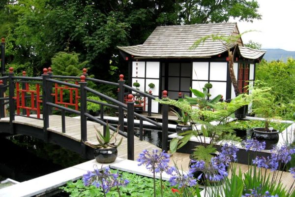 The Oriental Tea House at Dhu Varren Gardens with Koi carp pond in foreground